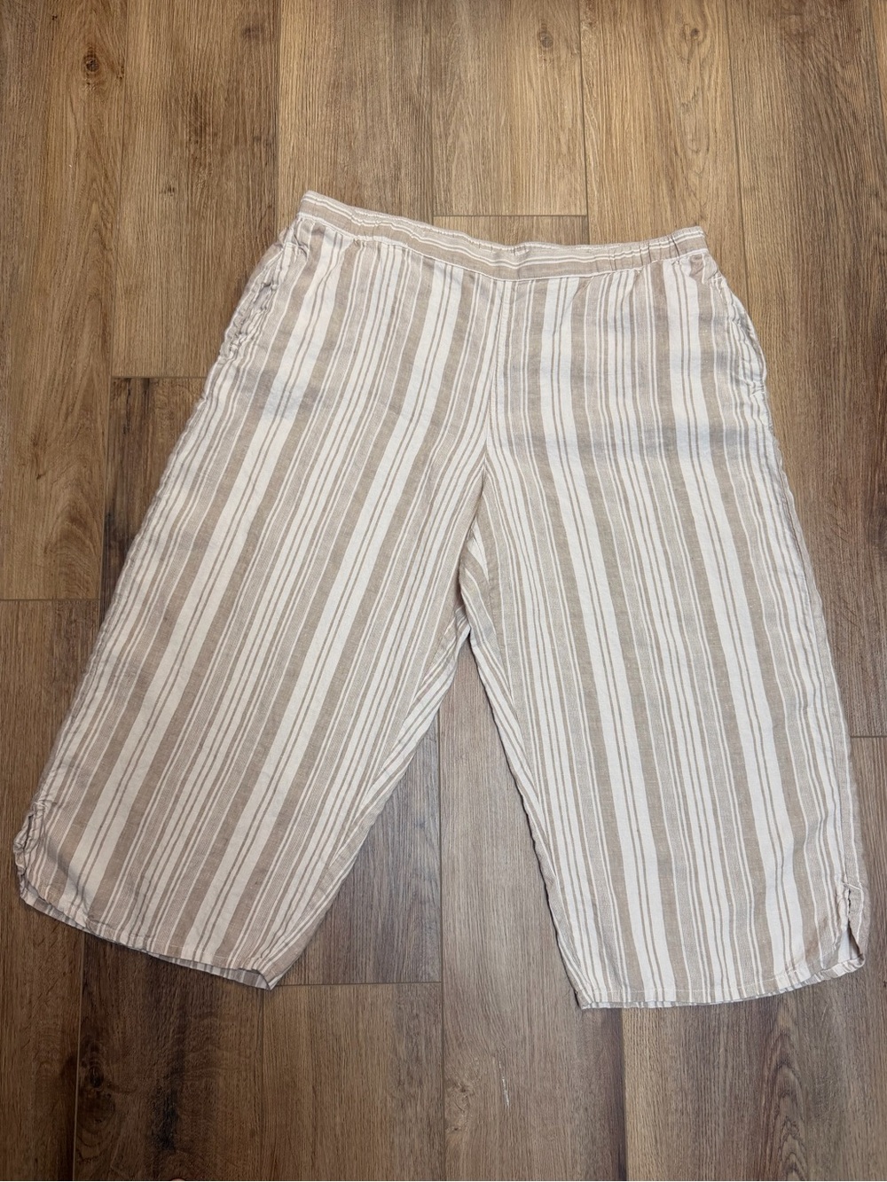 Coldwater Creek XL 100% Linen Striped Wide Leg Crop Pants Neutral Boho Coastal